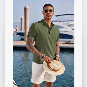 Coofandy Men’s Olive Army Green Casual Short Sleeve Henley Shirt, XXL